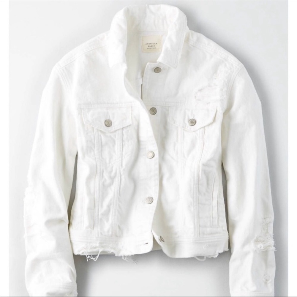American Eagle Distressed White Denim Jacket